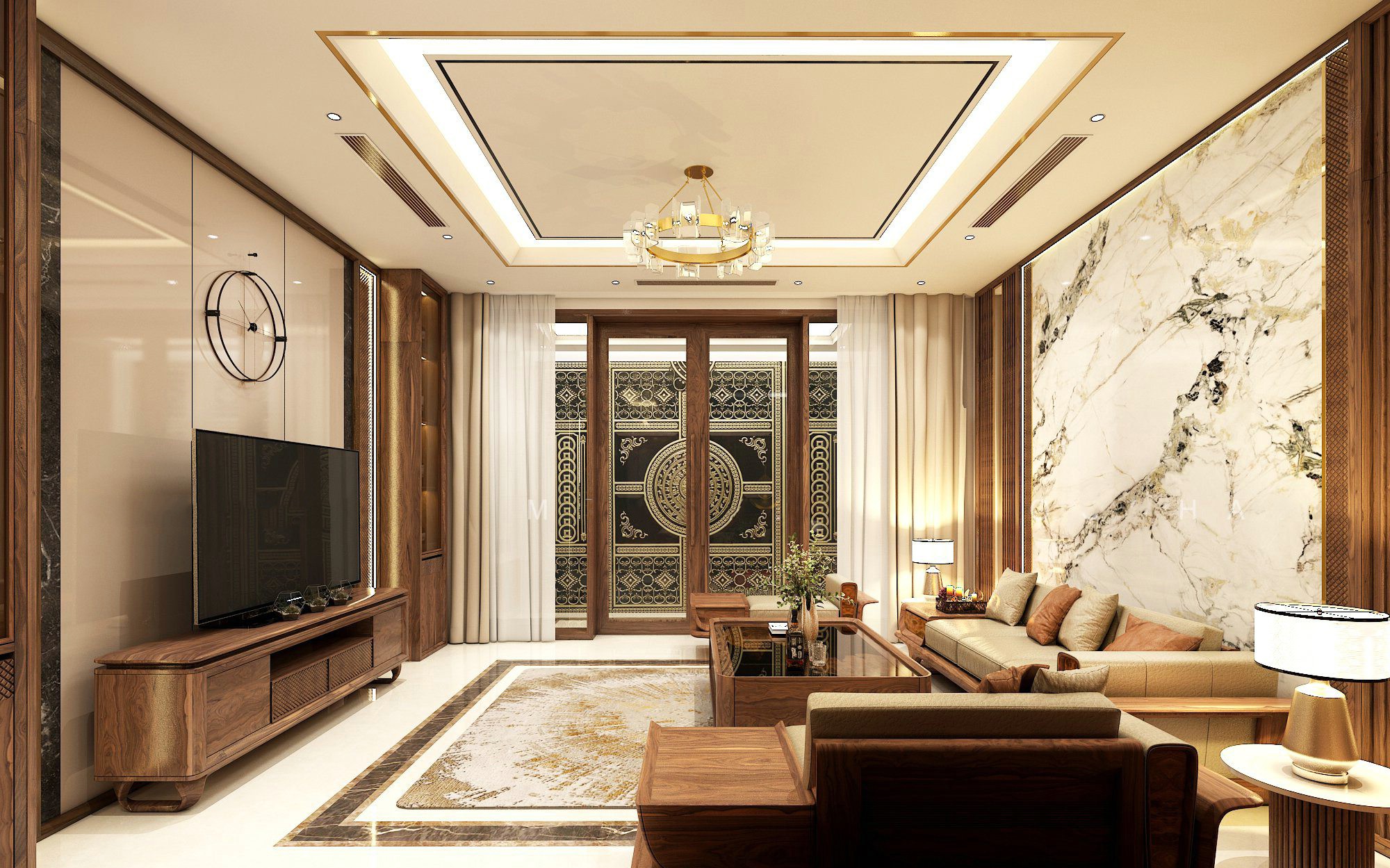 Trang trí phòng khách đơn giản đẹp với sofa gỗ và kệ tivi CNC hiện đại Trang trí phòng khách đơn giản đẹp với sofa gỗ và kệ tivi CNC hiện đại
