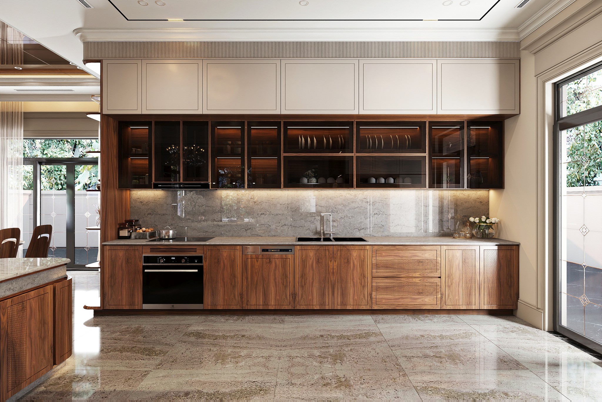 Tủ bếp cánh kính hiện đại kết hợp gỗ sồi và đá thạch anh sang trọng