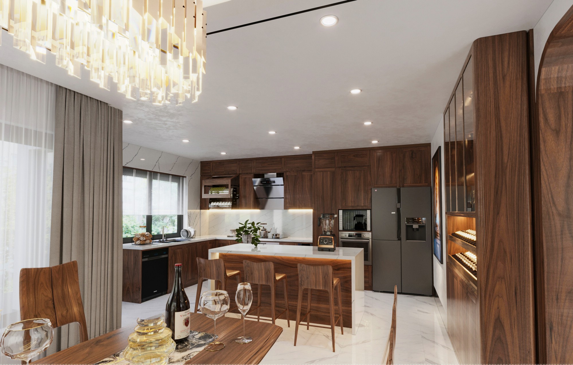 Tủ bếp cao cấp hiện đại gỗ óc chó chữ L ốp đá trắng loang tia xám