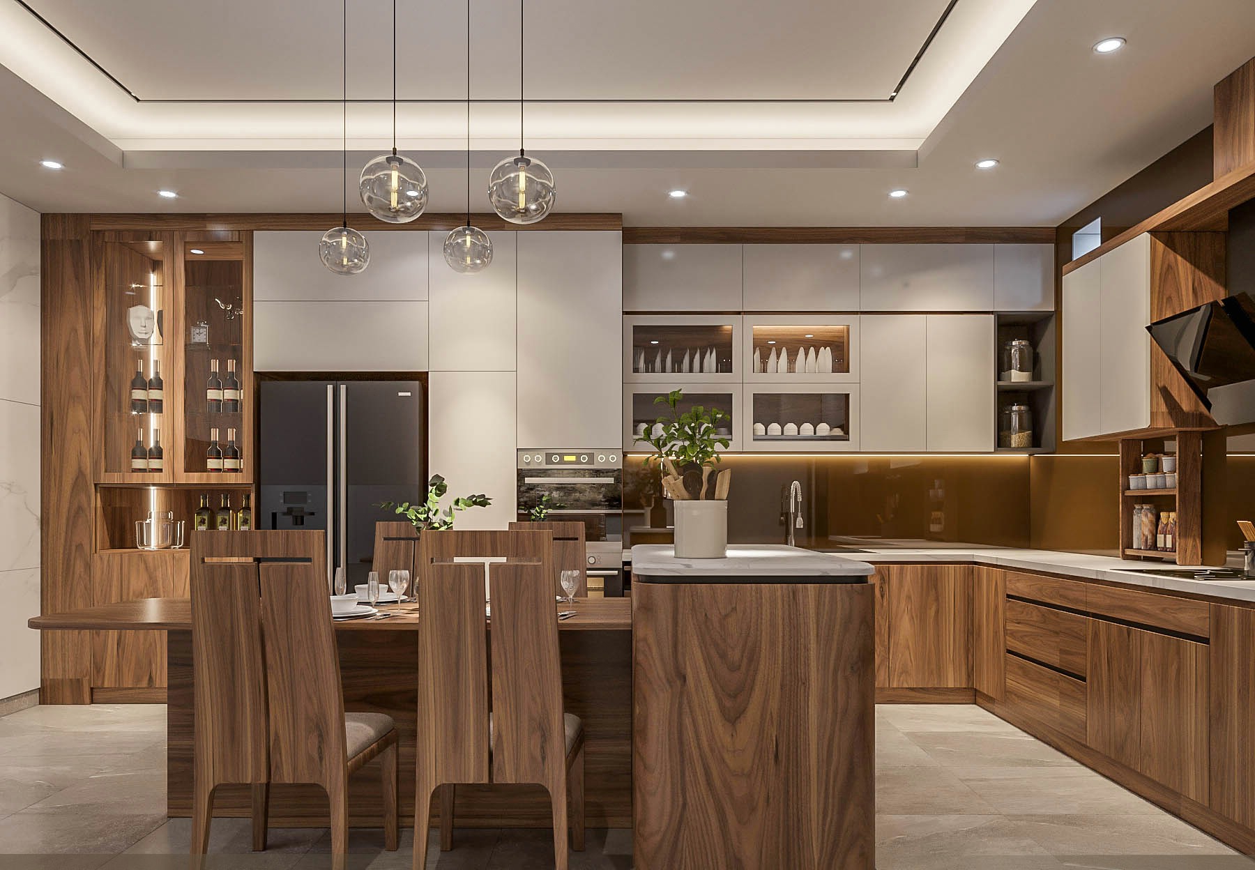 Tủ bếp chữ I cao kịch trần hiện đại với chất liệu acrylic trắng và laminate nâu đậm Tủ bếp chữ I cao kịch trần hiện đại với chất liệu acrylic trắng và laminate nâu đậm