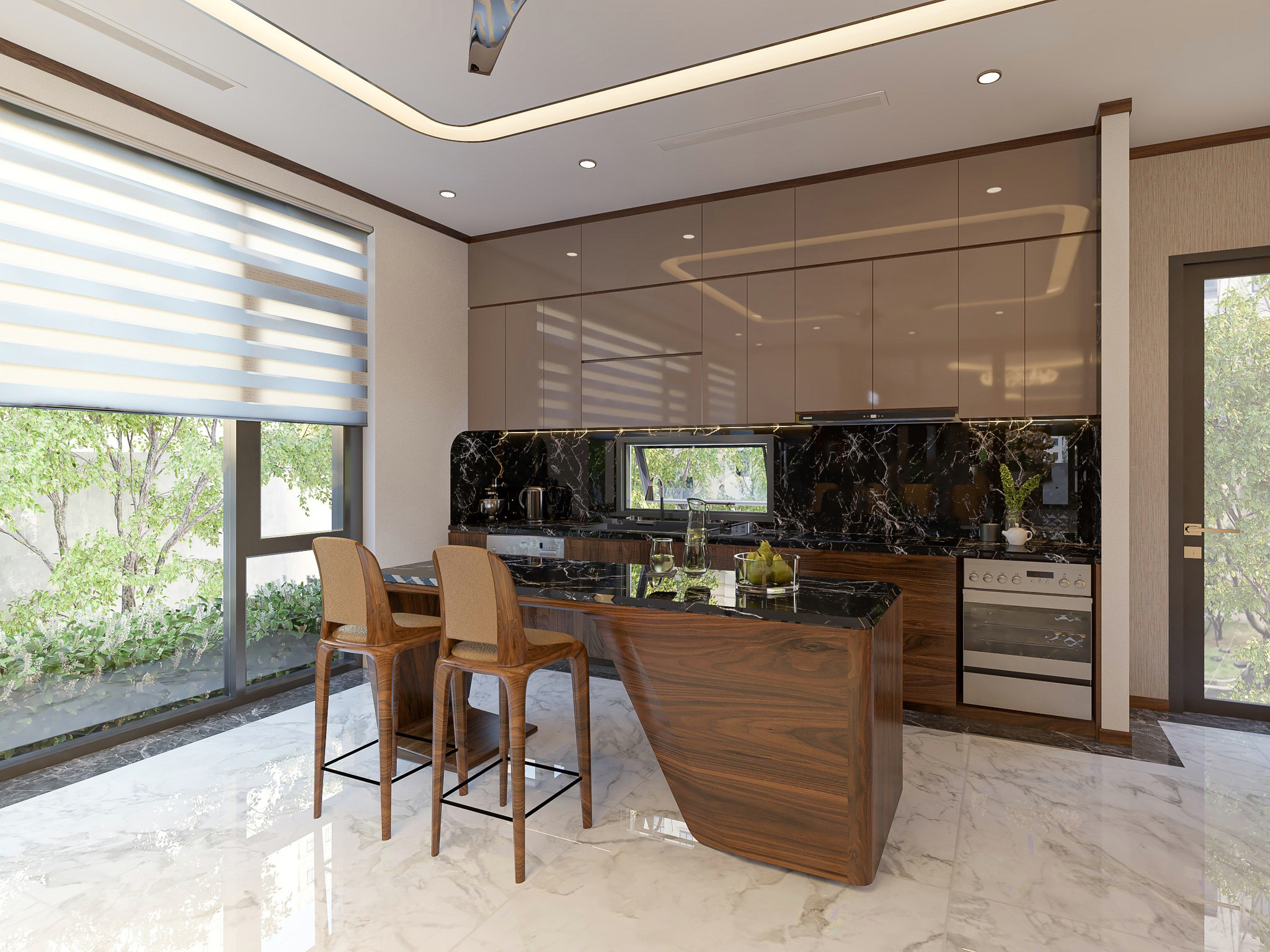 Mẫu tủ bếp chữ L hiện đại màu ghi và nâu