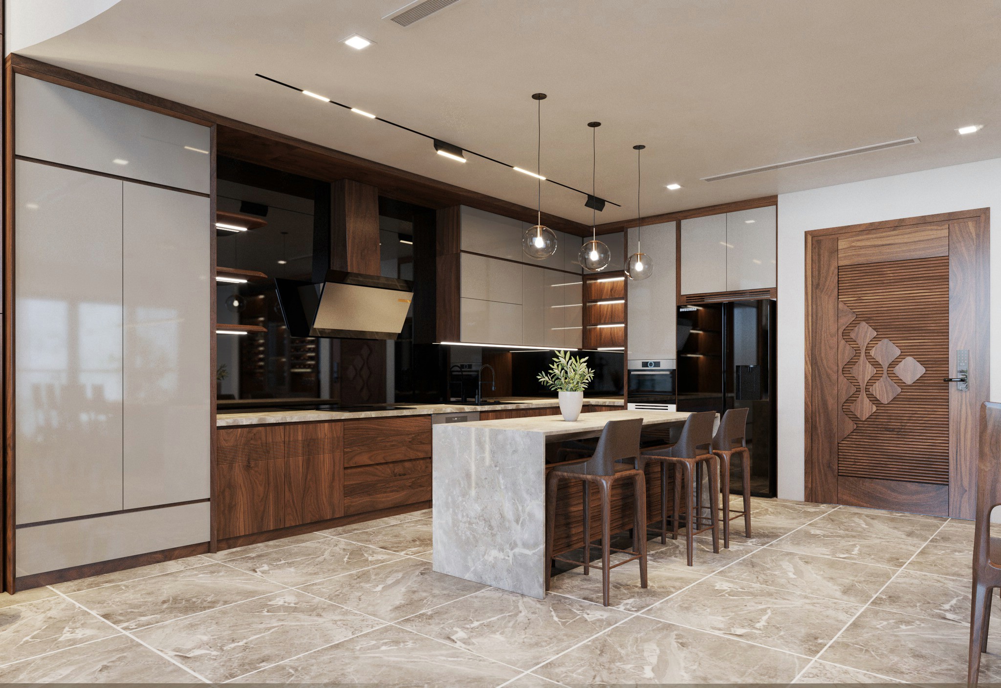 Tủ bếp chung cư hiện đại chữ L gỗ sồi và acrylic trắng sang trọng Tủ bếp chung cư chữ L với tủ treo acrylic trắng và bàn bar đá granite trắng xám