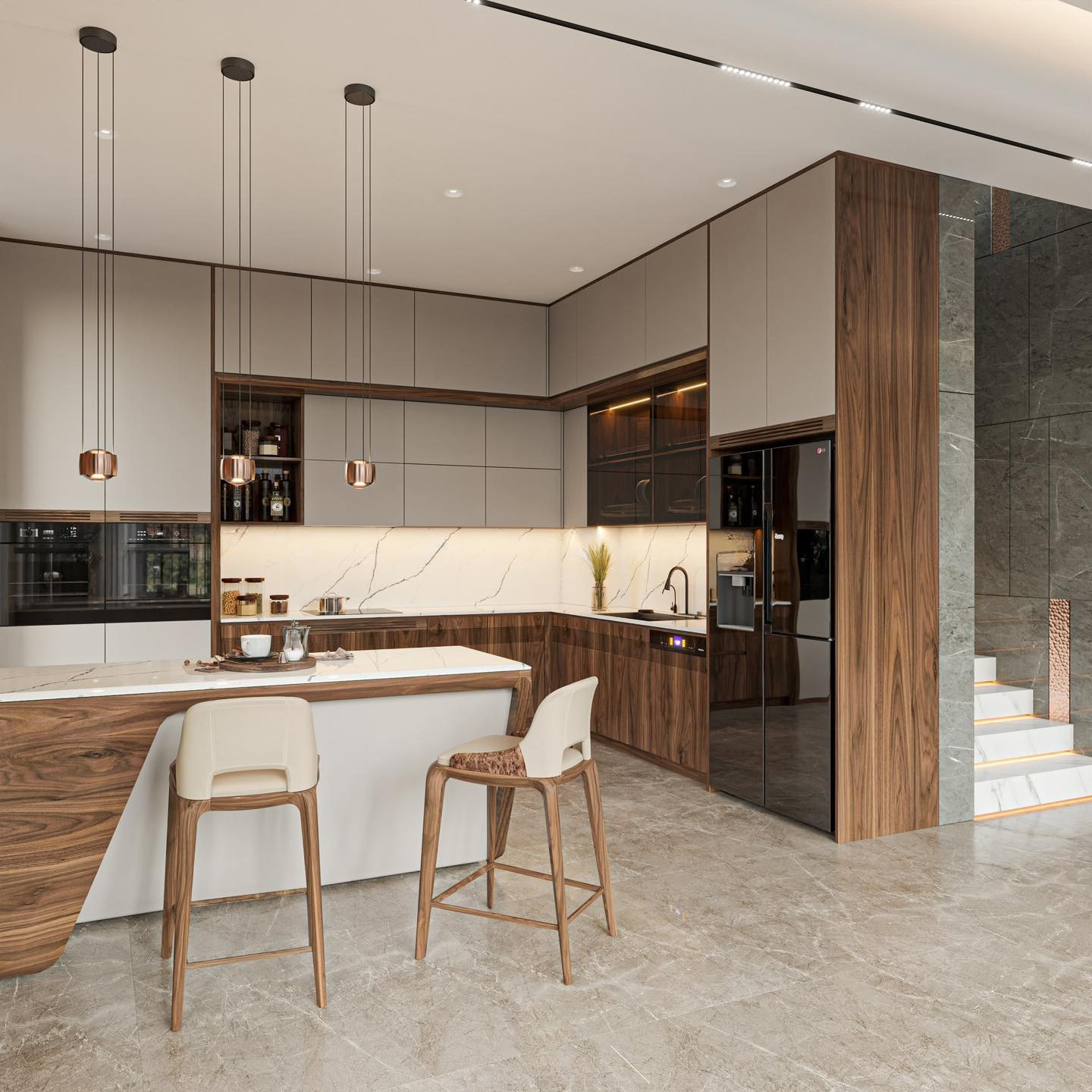 Tủ bếp đẹp hiện đại chữ L gỗ óc chó và acrylic trắng kết hợp đá granite Tủ bếp đẹp hiện đại chữ L gỗ óc chó và acrylic trắng kết hợp đá granite