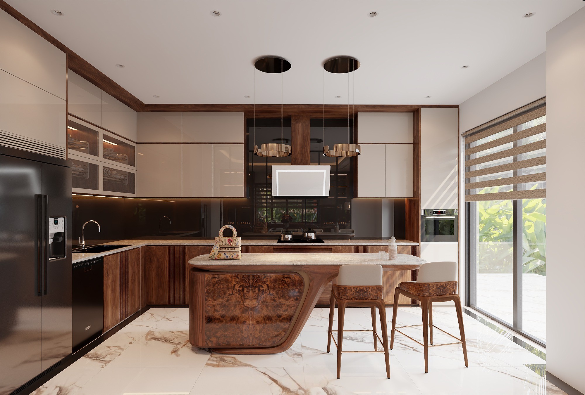 Tủ bếp đẹp – Sự kết hợp tinh tế giữa thẩm mỹ và công năng Tủ bếp đẹp hiện đại chất liệu gỗ óc chó tự nhiên