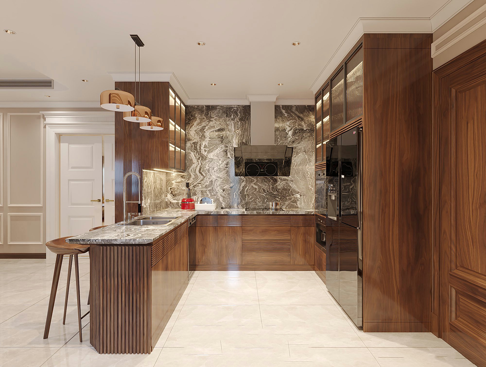 Tủ bếp gỗ walnut sang trọng chữ U với hệ tủ kính và mặt đá đen loang trắng Mẫu tủ bếp gỗ walnut chữ U hiện đại với mặt đá ceramic đen loang trắng