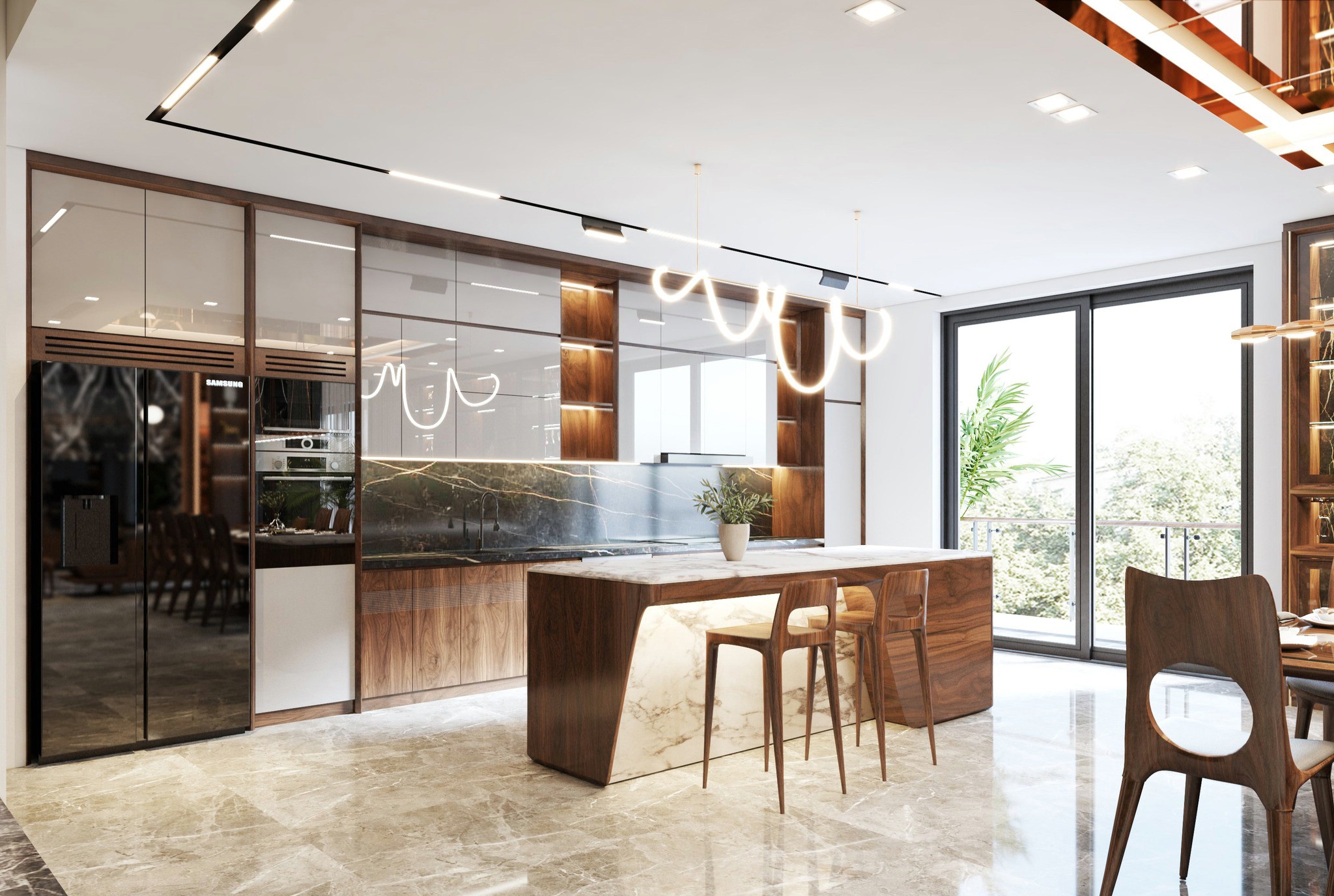 Tủ bếp hiện đại sang trọng với chất liệu gỗ và đá cao cấp