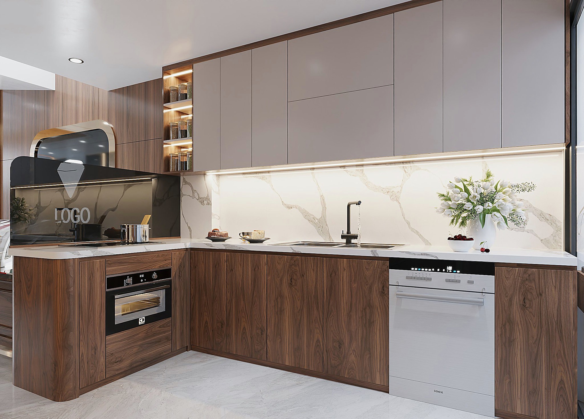 Tủ bếp hiện đại sang trọng màu trắng ghi và nâu gỗ