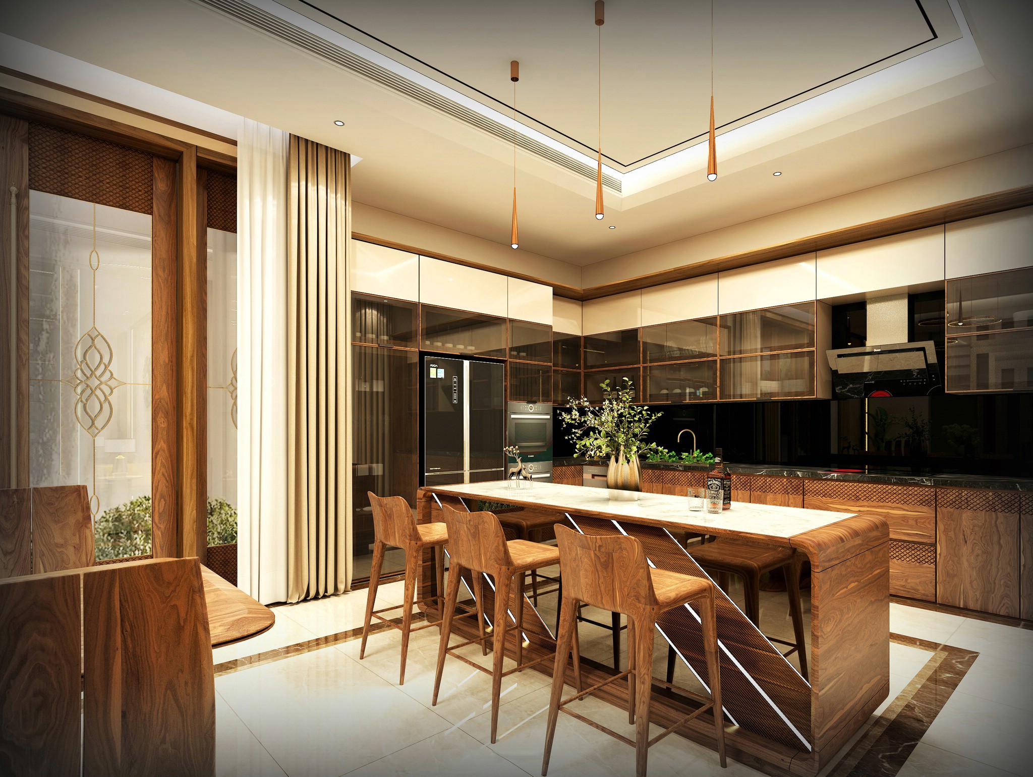 Tủ bếp thông minh hiện đại chữ L cao kịch trần với bàn bar đối diện Tủ bếp thông minh hiện đại chữ L cao kịch trần với bàn bar đối diện