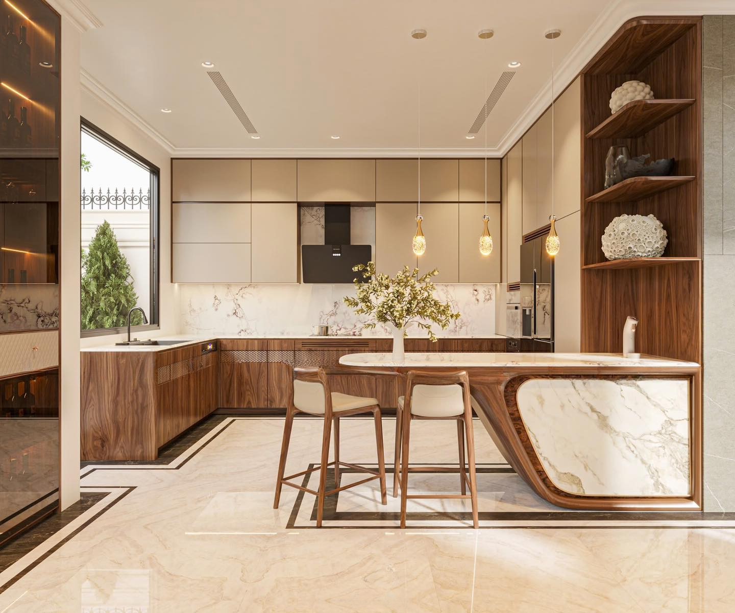 Tủ bếp chữ U hiện đại, cao kịch trần, kết hợp gỗ tự nhiên và Acrylic