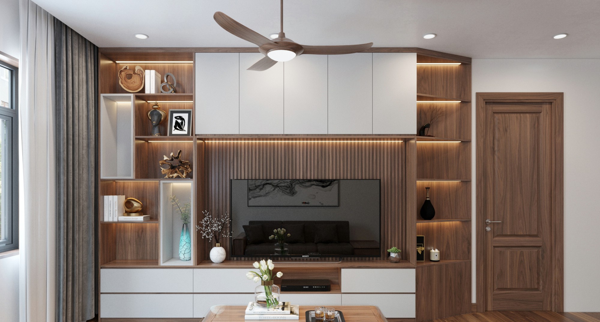 Tủ kệ tivi hiện đại cao kịch trần với hệ tủ treo acrylic trắng và kệ trang trí phòng khách Tủ kệ tivi hiện đại cao kịch trần với hệ tủ treo acrylic trắng và kệ trang trí phòng khách