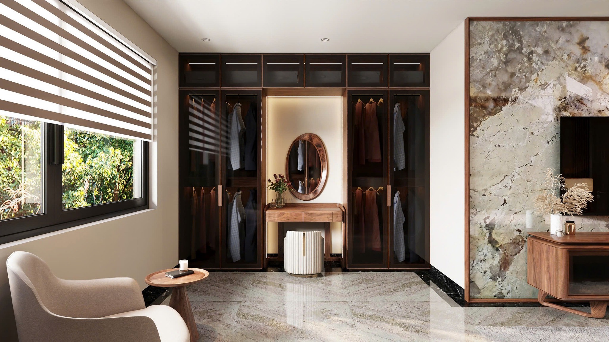 Tủ kèm bàn trang điểm gỗ tự nhiên với gương oval veneer nu và ghế đôn da xám trắng Tủ kèm bàn trang điểm gỗ tự nhiên với gương oval veneer nu và ghế đôn da xám trắng