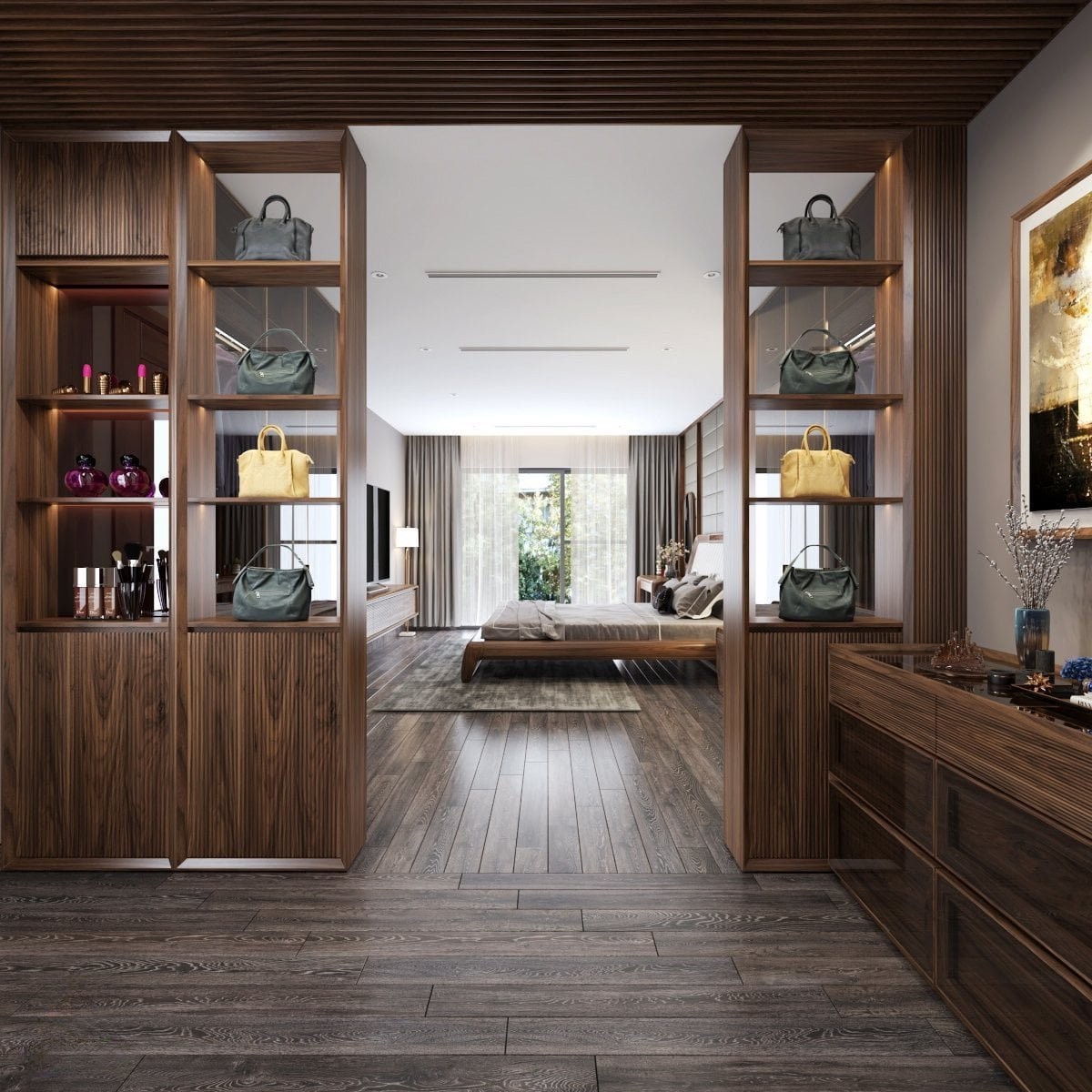 tủ kết hợp vách ngăn phòng khách hiện đại