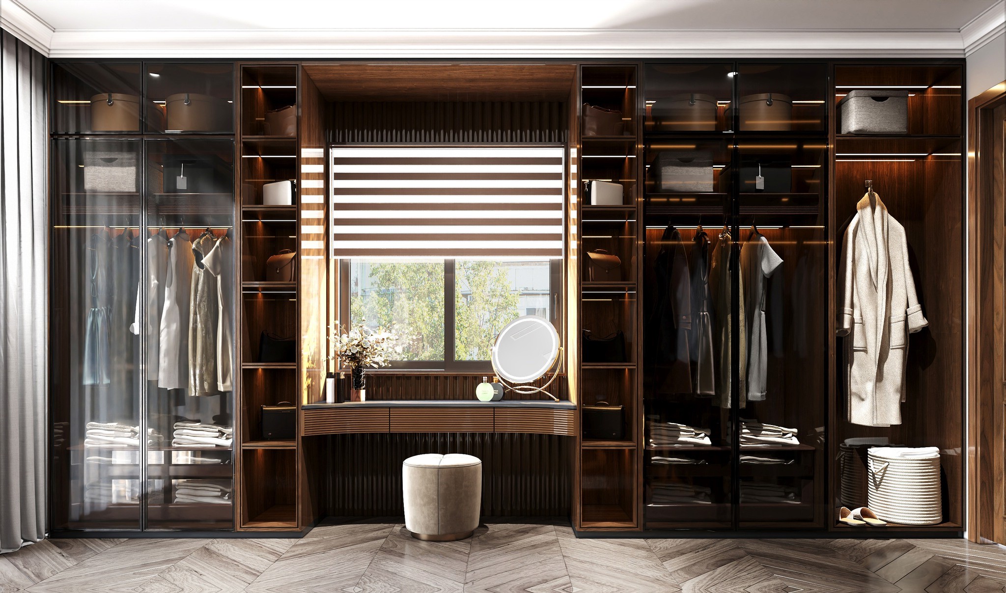 Thiết kế tủ quần áo cánh lùa chữ I cao kịch trần kết hợp bàn trang điểm gỗ MDF phủ laminate nâu đậm Mẫu tủ quần áo cánh lùa kết hợp bàn trang điểm hiện đại cao kịch trần