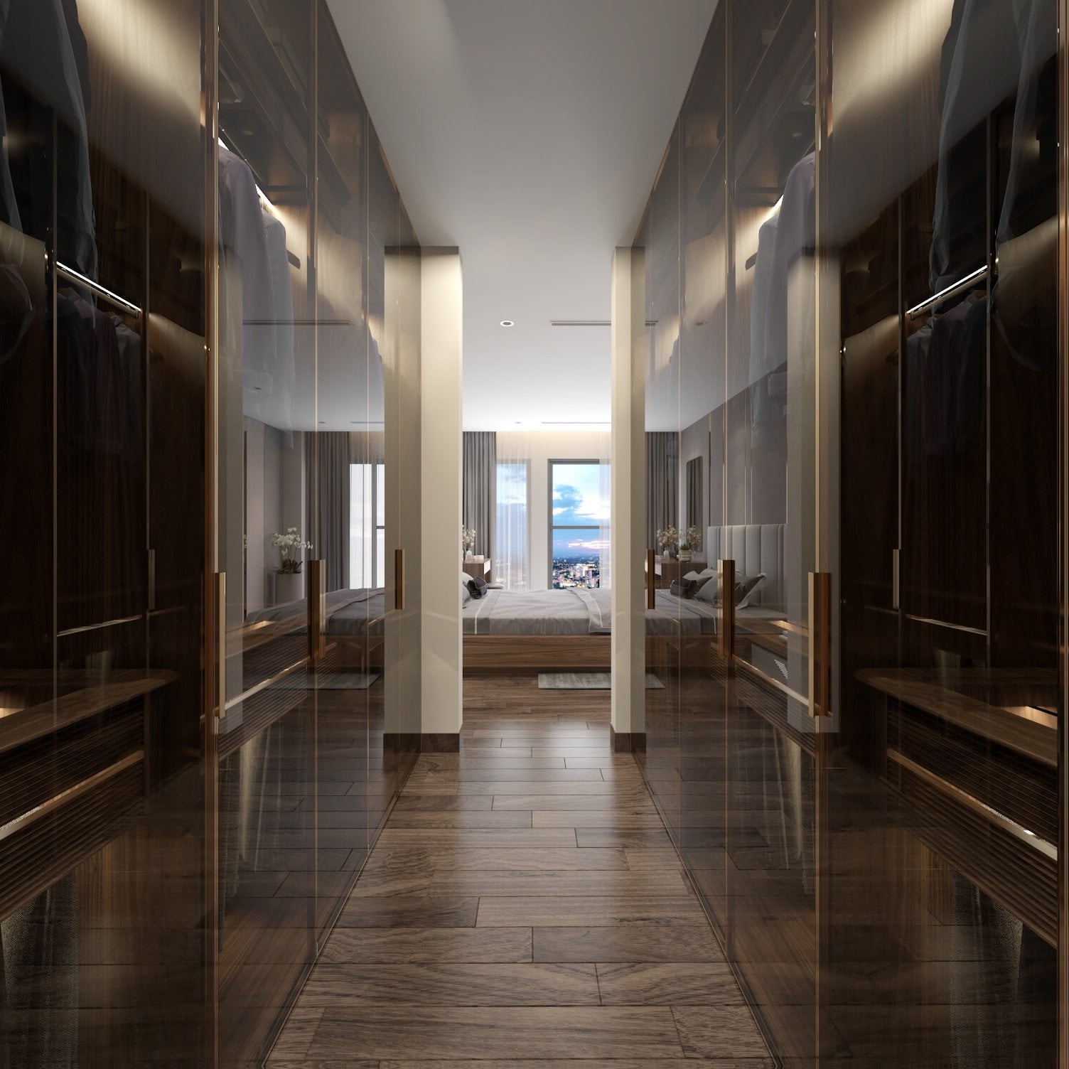 Thiết kế tủ quần áo để phòng ngủ chữ I âm tường cánh kính trong suốt Mẫu tủ quần áo để phòng ngủ cao kịch trần hiện đại