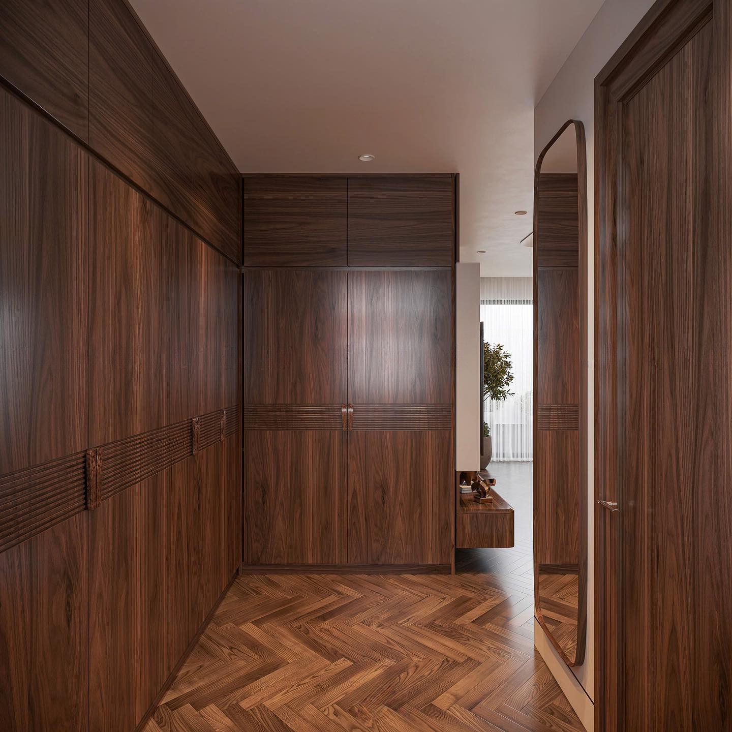 Tủ quần áo đẹp hiện đại chữ L cao kịch trần bằng gỗ óc chó