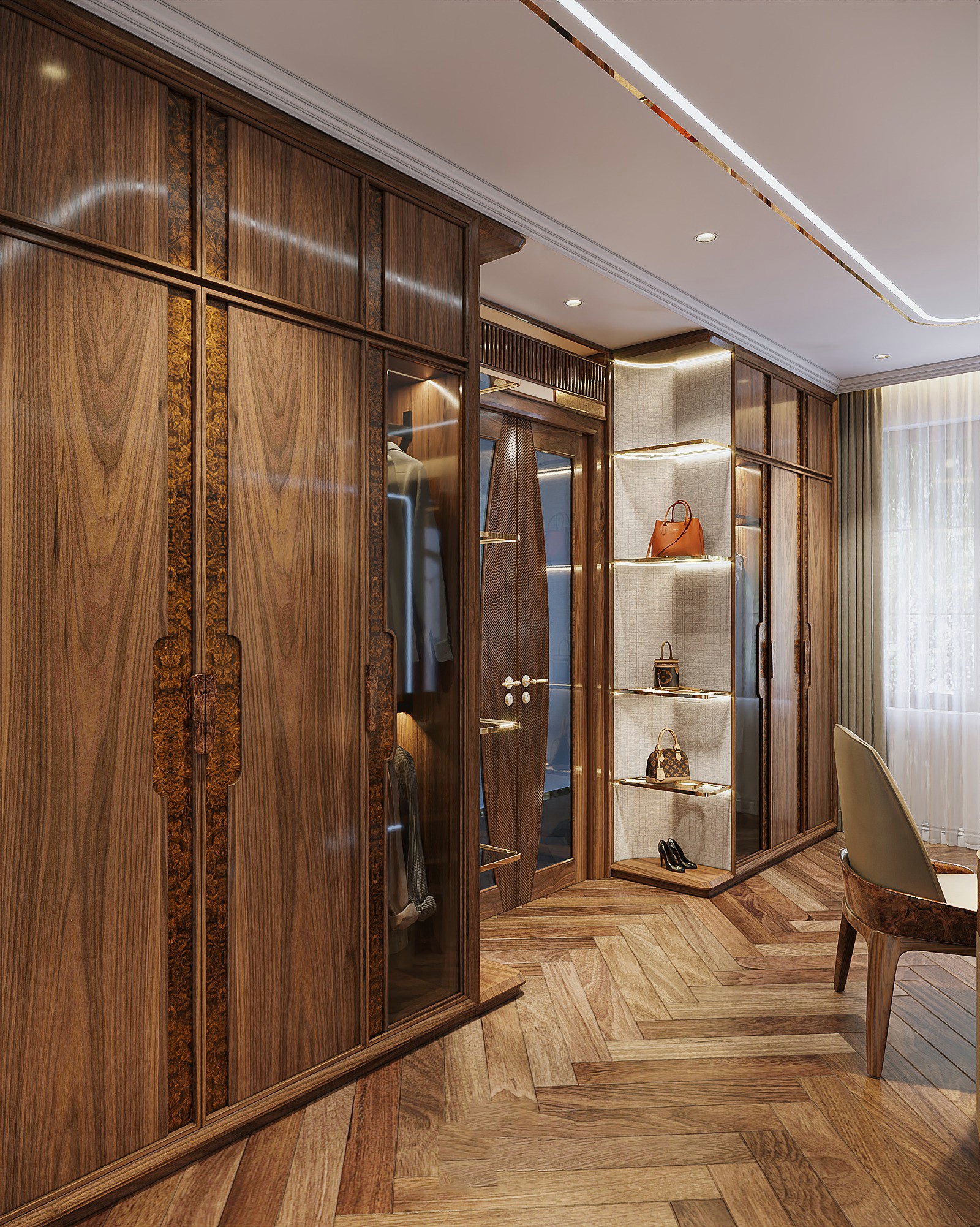 Thiết kế tủ quần áo đẹp sang trọng với viền veneer nu và kệ túi xách hiện đại Mẫu tủ quần áo đẹp sang trọng chữ I gỗ tự nhiên kết hợp kính cường lực