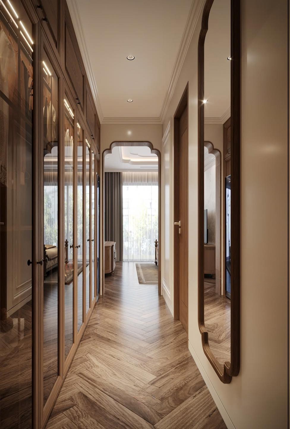 Mẫu tủ quần áo đẹp trong phòng ngủ chữ I kịch trần cánh kính trong suốt