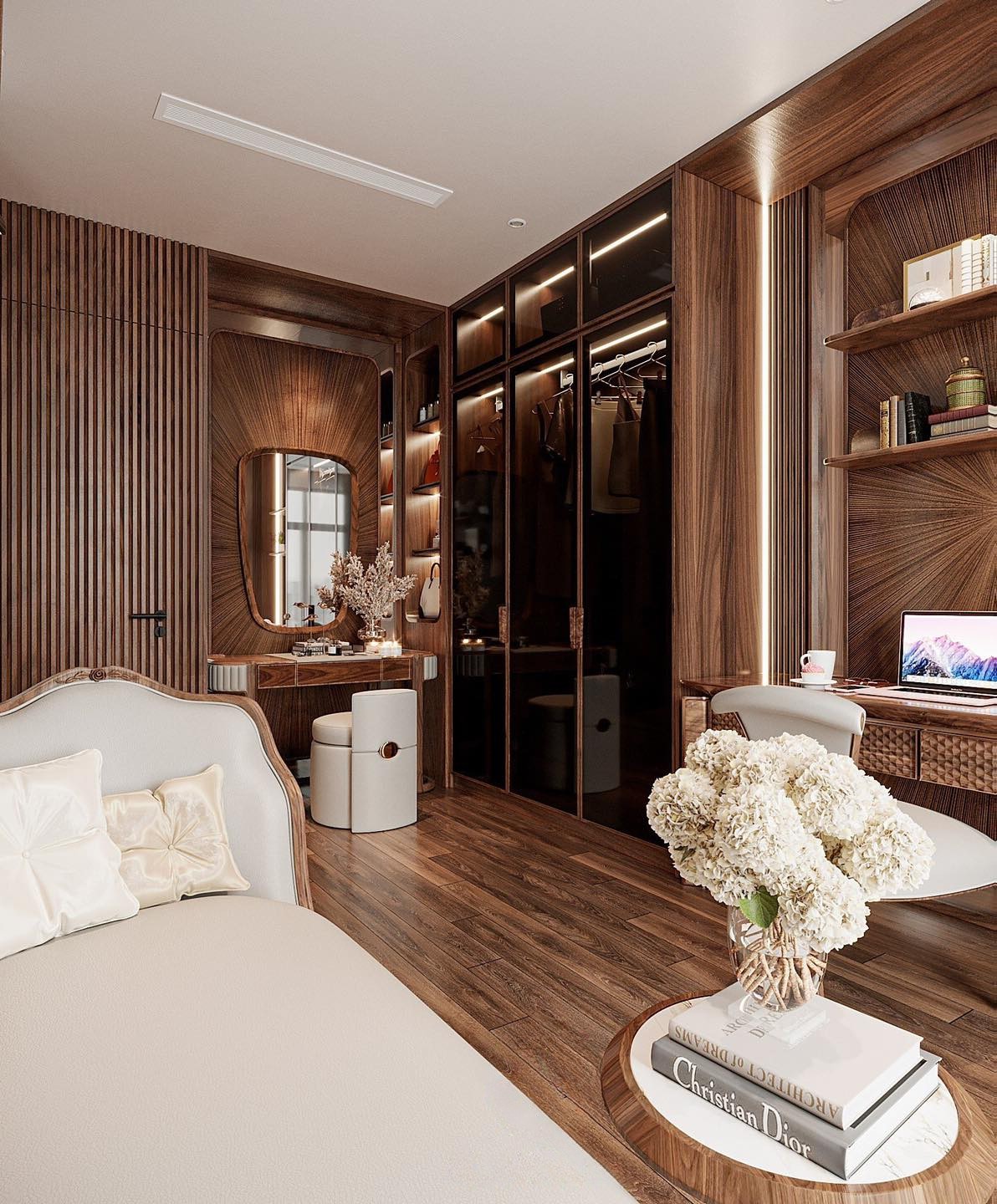 Tủ quần áo kết hợp bàn trang điểm hiện đại với cánh kính và bàn bầu dục Tủ quần áo kết hợp bàn trang điểm hiện đại với cánh kính và bàn bầu dục