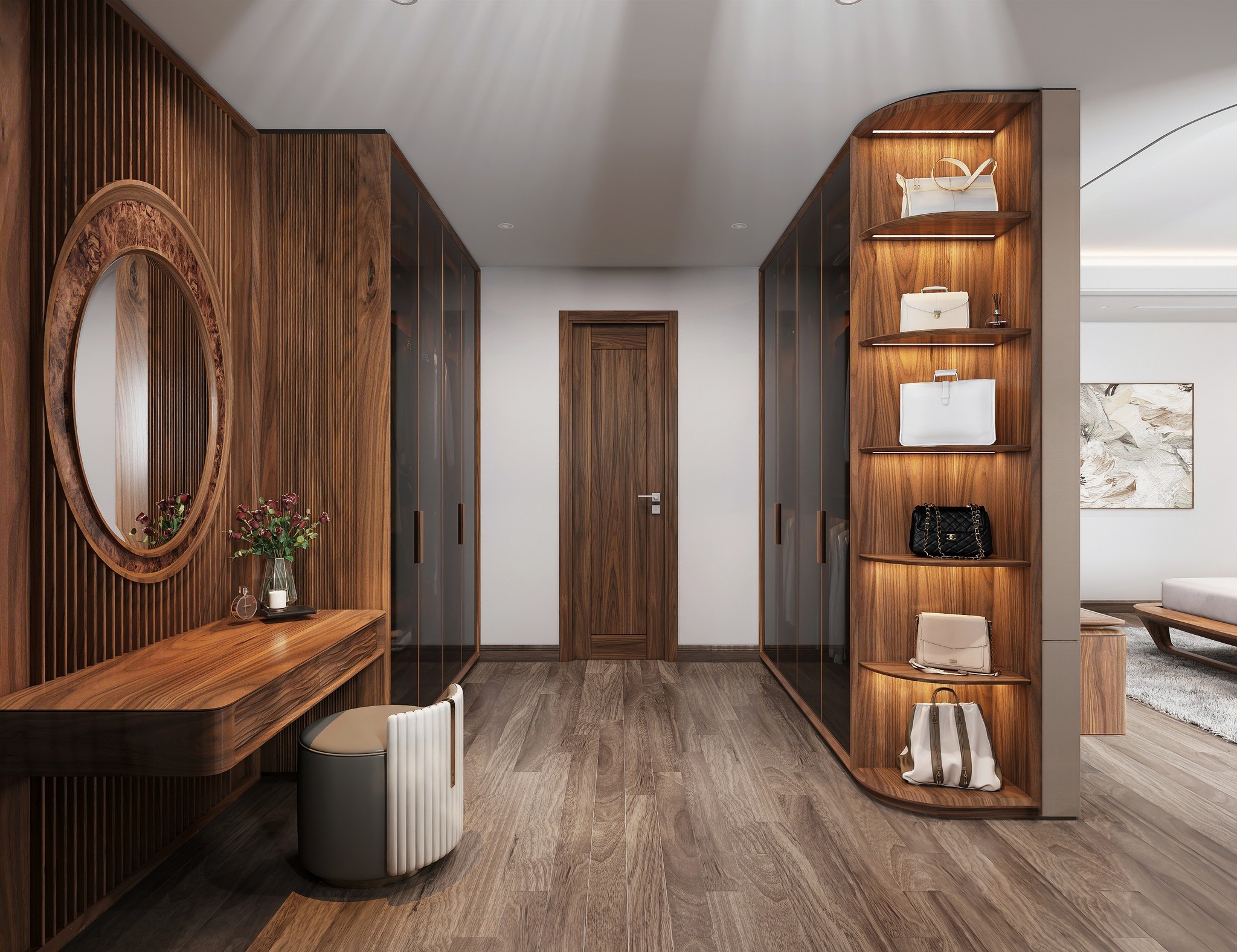 Tủ quần áo phòng master được bố trí khoa học, tối ưu công năng lưu trữ.