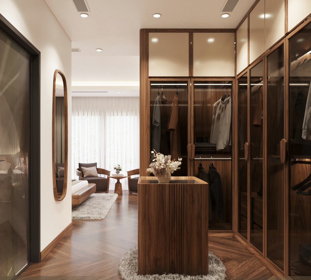 Tủ quần áo chữ L kịch trần với cánh kính viền gỗ, cánh laminate trắng và bàn đảo mặt kính có ngăn kéo Tủ quần áo chữ L kịch trần với cánh kính viền gỗ, cánh laminate trắng và bàn đảo mặt kính có ngăn kéo