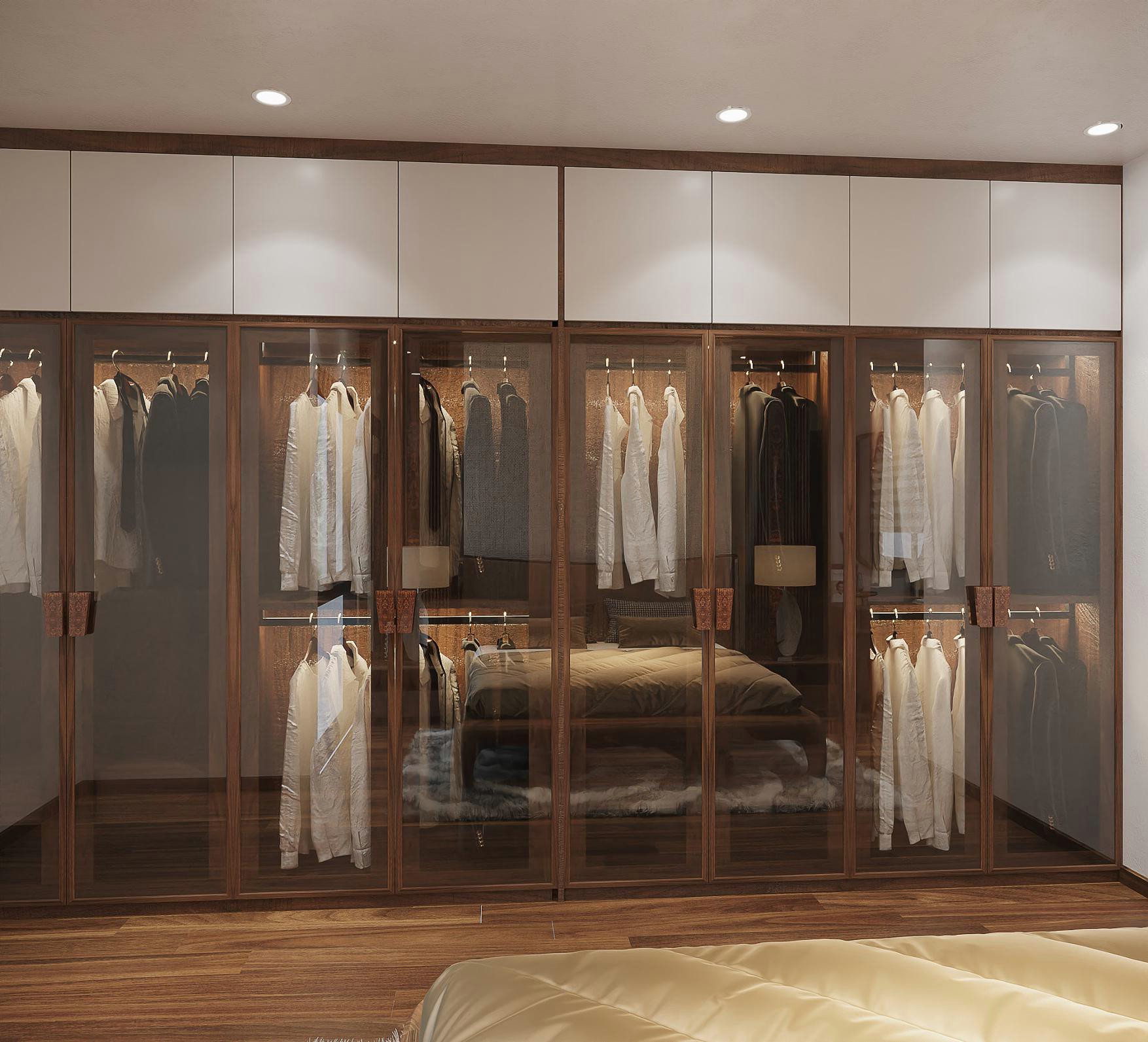 Tủ quần áo thông minh cao kịch trần với cánh Acrylic trắng và kính, nhiều giá treo tiện lợi