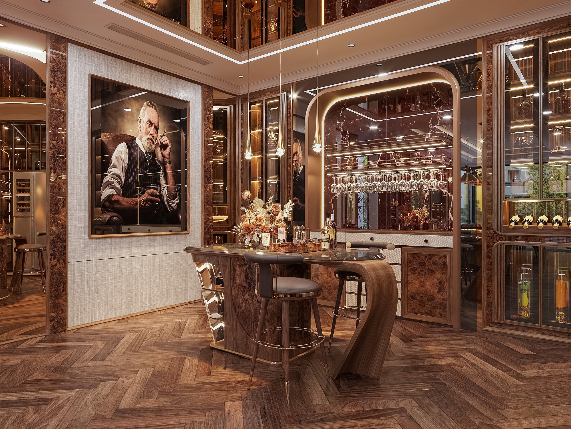 Tủ rượu bằng gỗ đẹp âm tường với kệ kính và ray treo ly