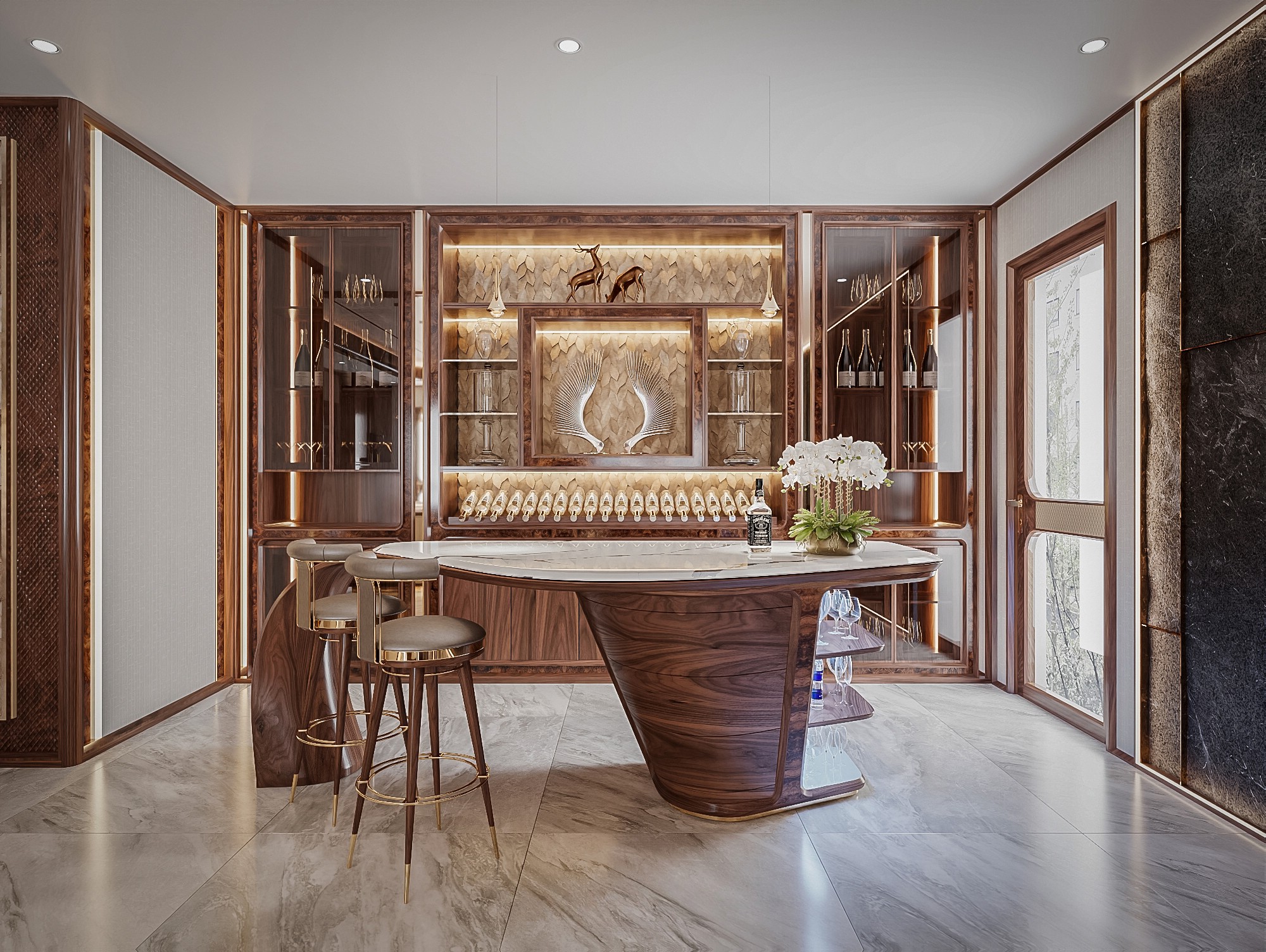 Mẫu tủ rượu decor chữ I cao kịch trần với kính và veneer nu