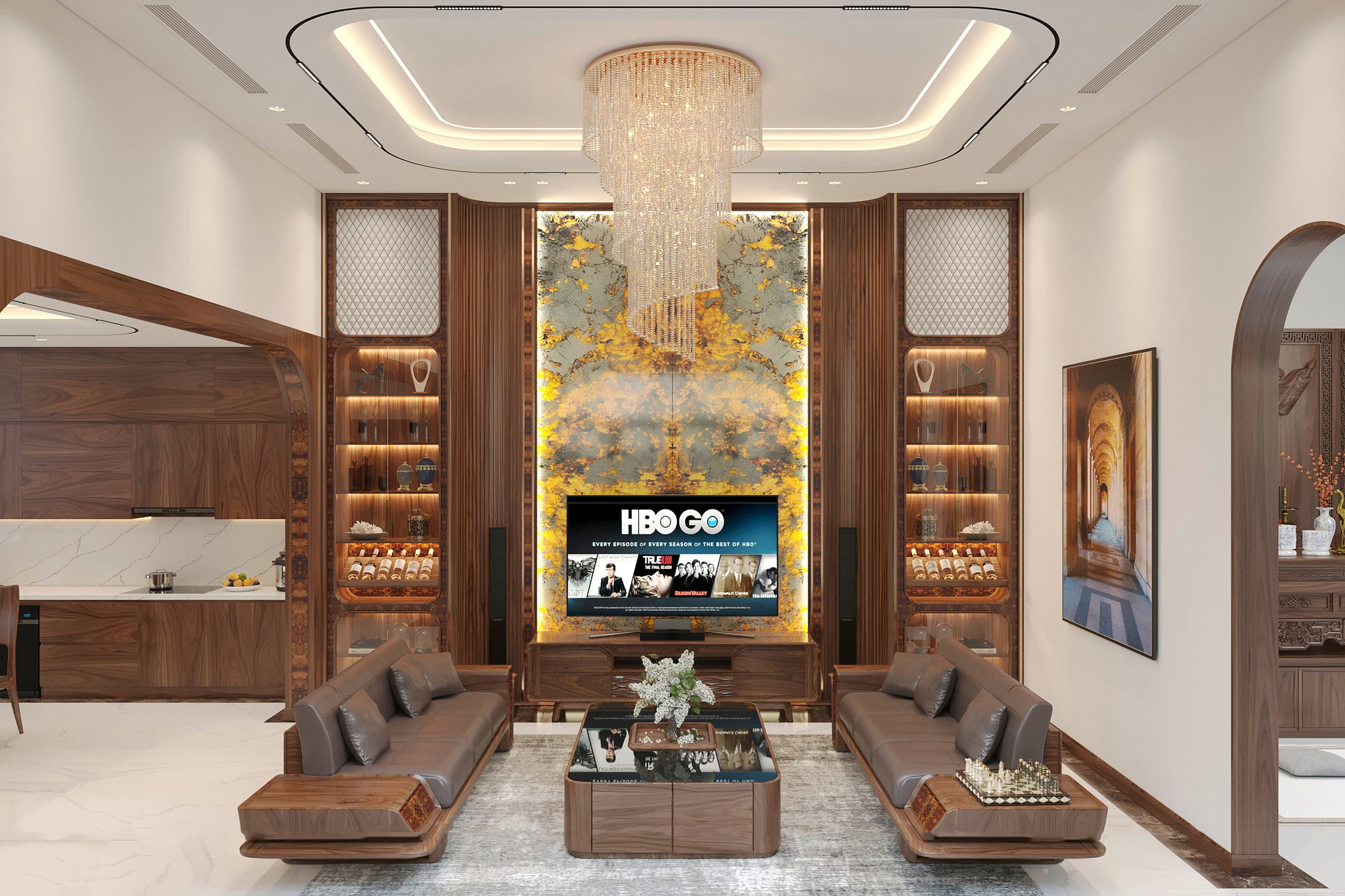 Tủ rượu gỗ óc chó phòng khách sang trọng