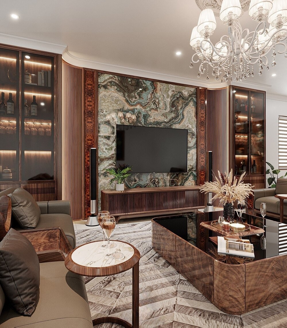 Tủ rượu phòng khách hiện đại chất liệu veneer burl và kính trong suốt cao kịch trần Tủ rượu phòng khách hiện đại chất liệu veneer burl và kính trong suốt cao kịch trần