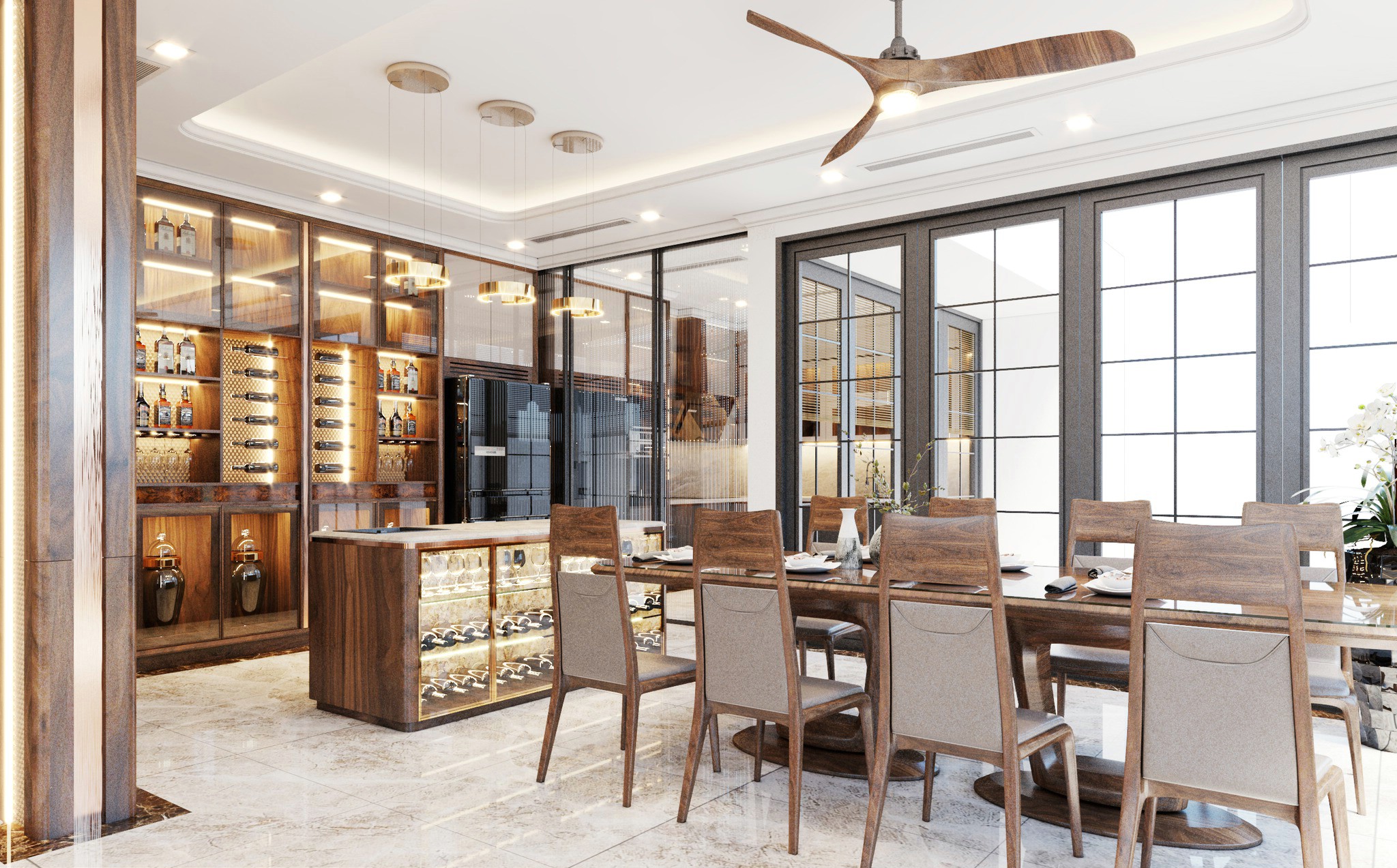 Tủ rượu cao cấp kết hợp bar, trang trí đèn LED sang trọng