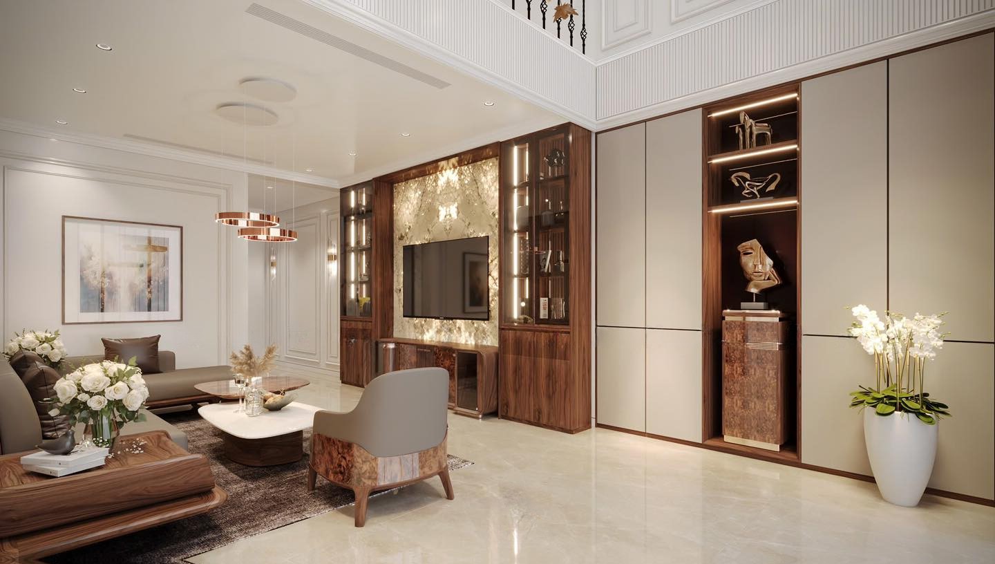 Tủ tivi kết hợp tủ rượu hiện đại gỗ veneer nu và tấm PVC vân đá xuyên sáng Tủ tivi kết hợp tủ rượu hiện đại với kệ tivi veneer nu và tủ rượu cánh kính