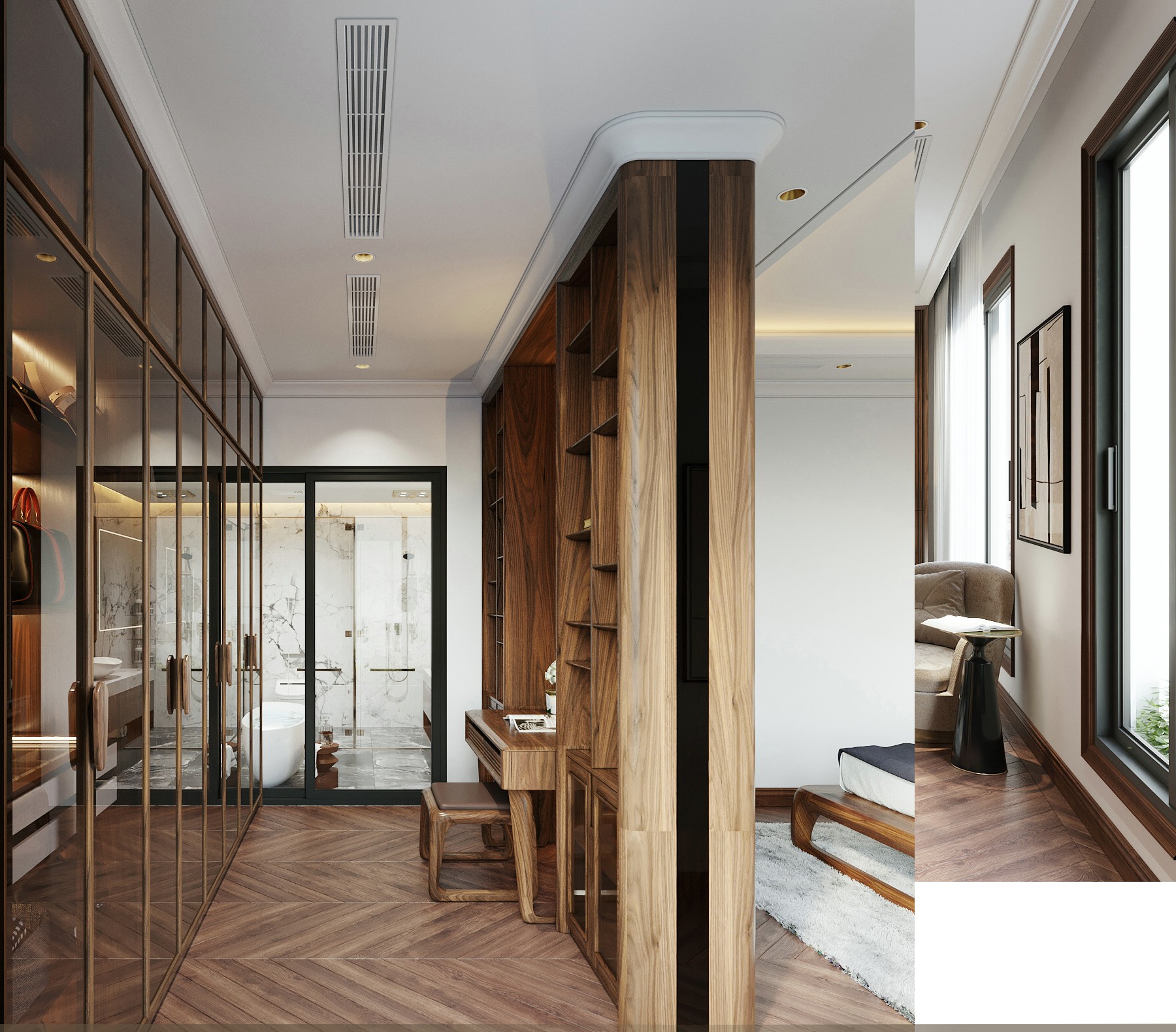 vách ngăn kết hợp tủ hiện đại bằng gỗ tự nhiên