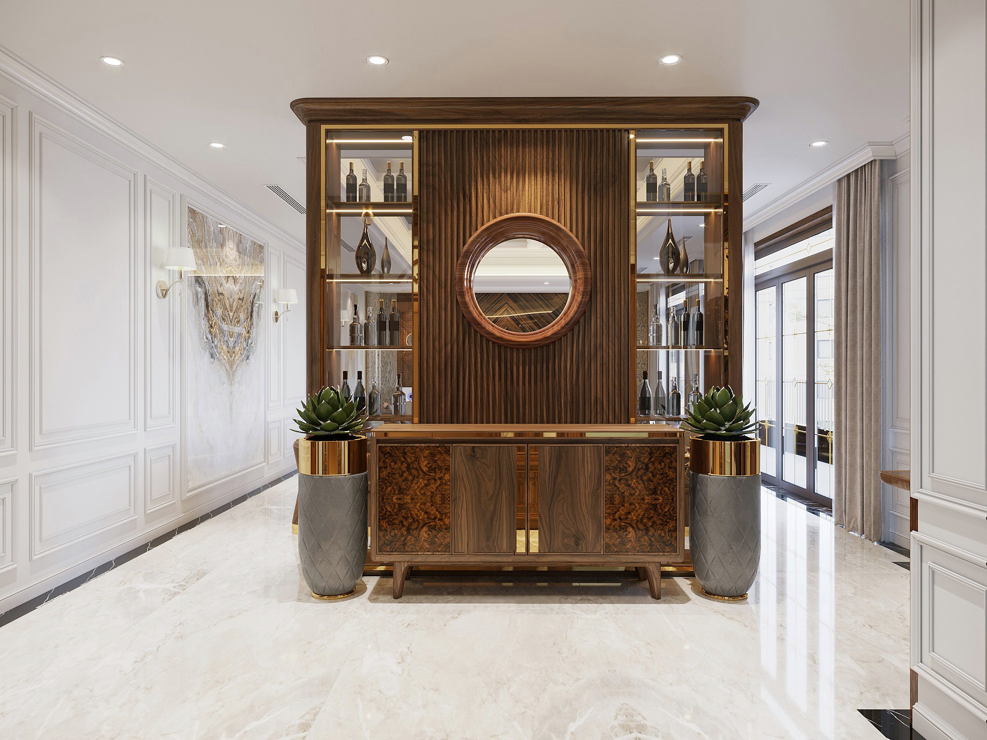 Vách ngăn phòng bằng gỗ hiện đại với thiết kế kệ trang trí đối xứng và kính tròn trung tâm