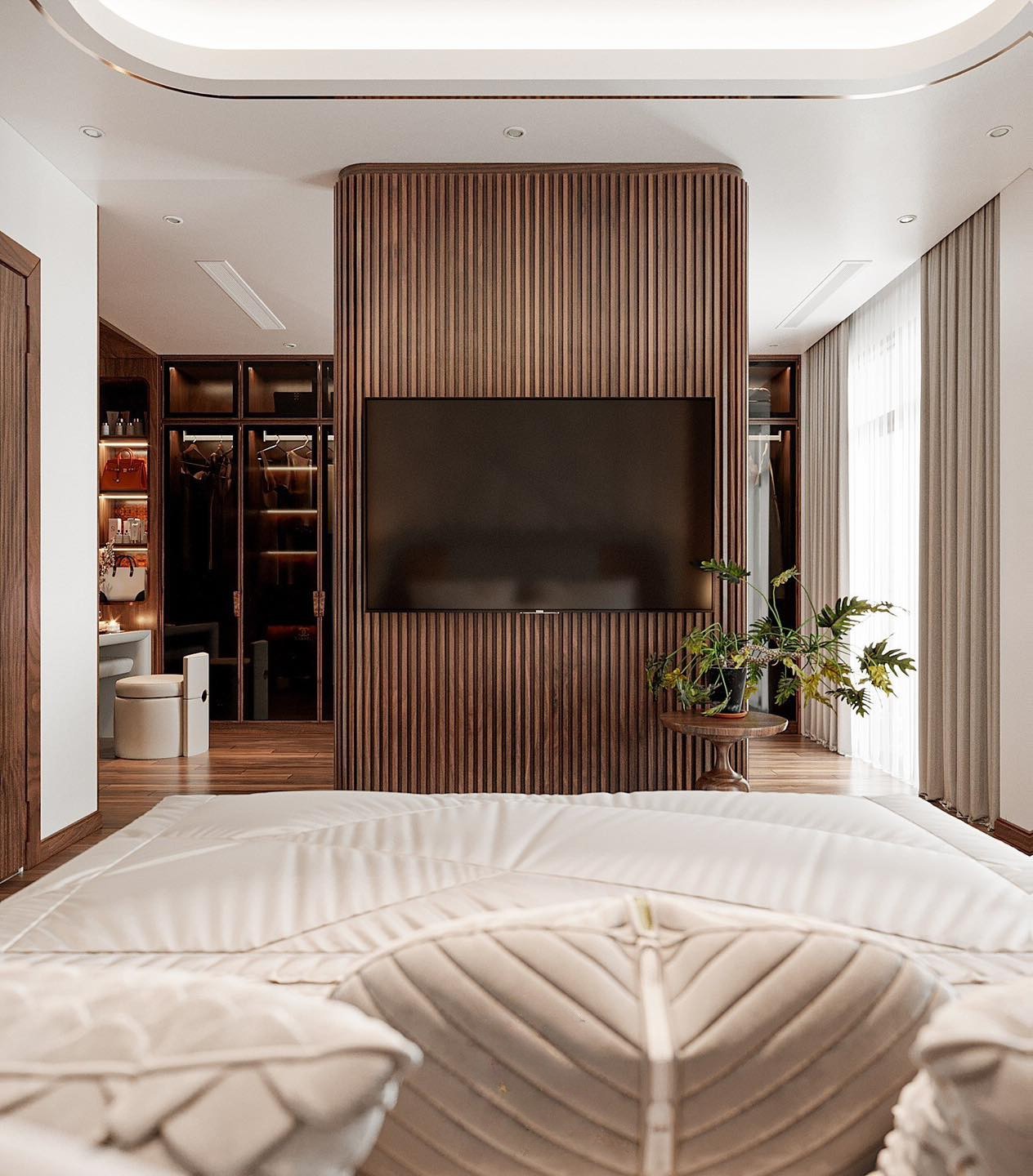 Vách ngăn phòng gỗ tự nhiên cao kịch trần, hình oval, ốp lam sóng nâu đậm và kệ tivi trung tâm