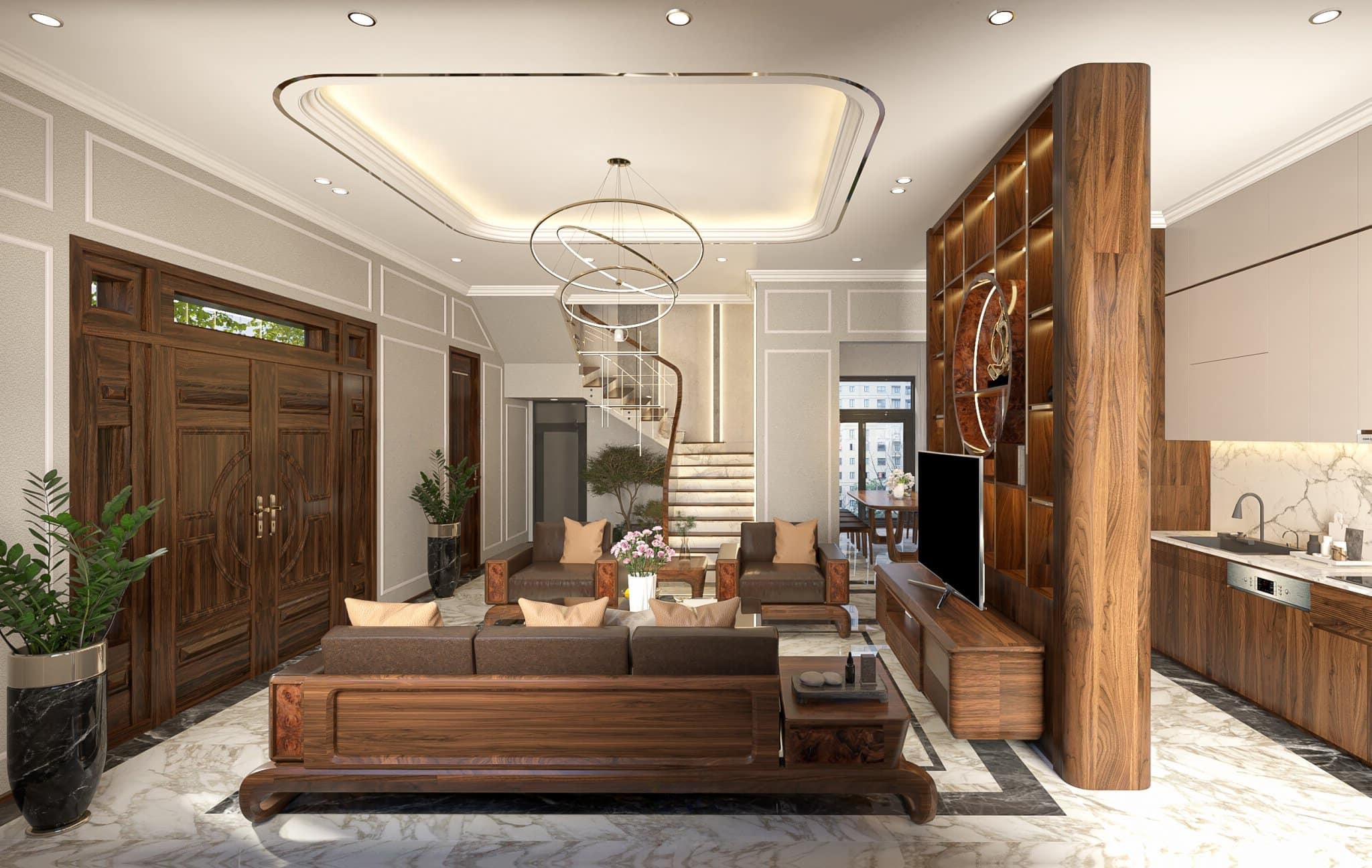 Vách ngăn phòng khách bếp gỗ tự nhiên màu nâu đậm với khung veneer nu hình tròn và đèn led Vách ngăn phòng khách bếp gỗ tự nhiên màu nâu đậm với khung veneer nu hình tròn và đèn led