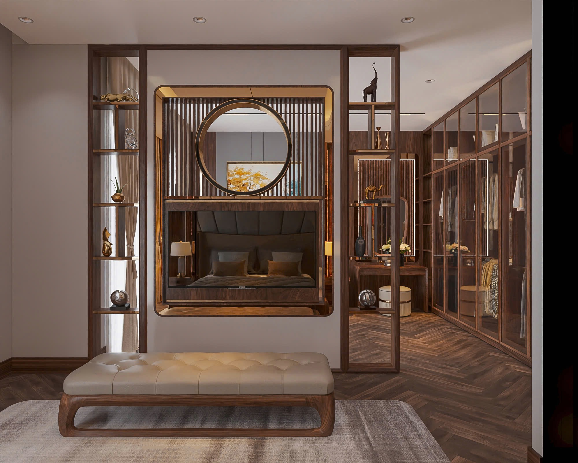 Mẫu vách ngăn phòng ngủ bằng gỗ tự nhiên cao kịch trần, ốp acrylic trắng và khung viền mạ vàng