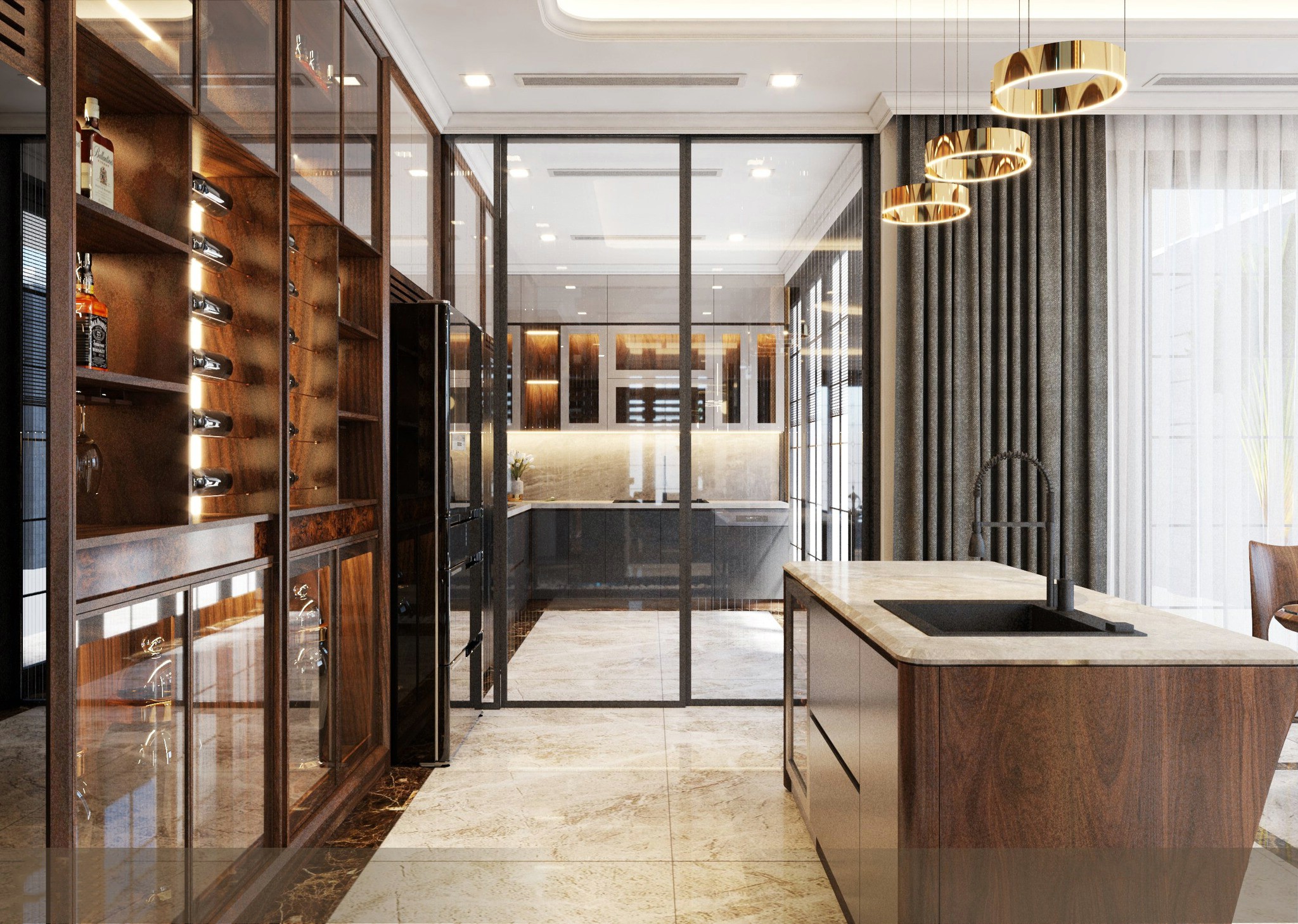 Vách ngăn tủ rượu cao kịch trần kiểu dáng chữ I với kính và viền veneer nu sang trọng Vách ngăn tủ rượu cao kịch trần kiểu dáng chữ I với kính và viền veneer nu sang trọng