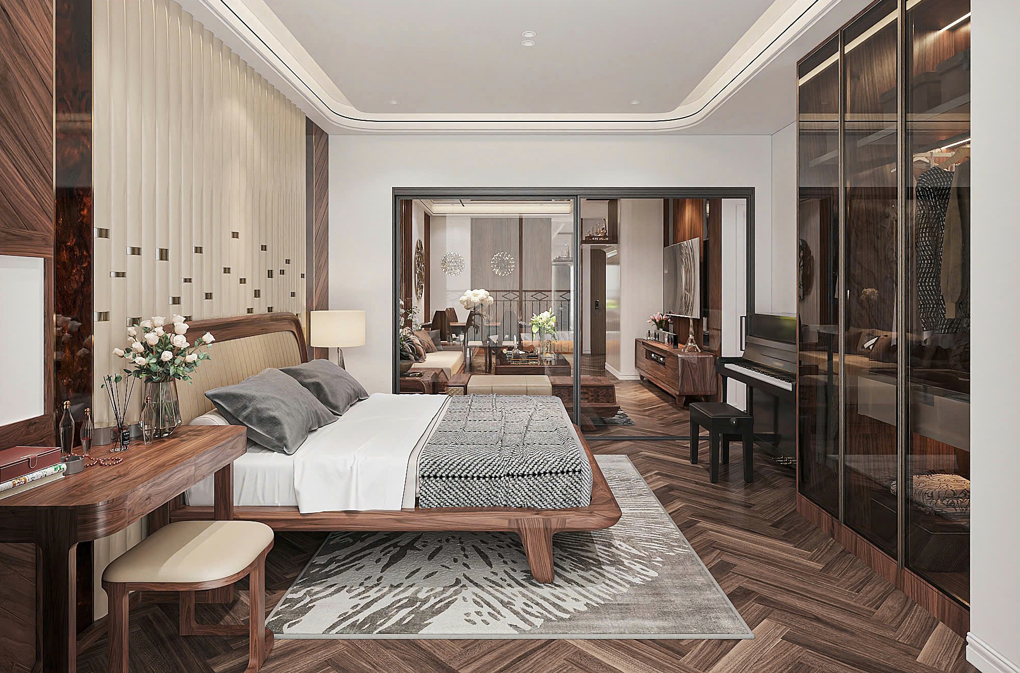 Phòng ngủ vợ chồng đẹp với giường ốp da kẻ múi và tủ quần áo cánh kính cao kịch trần