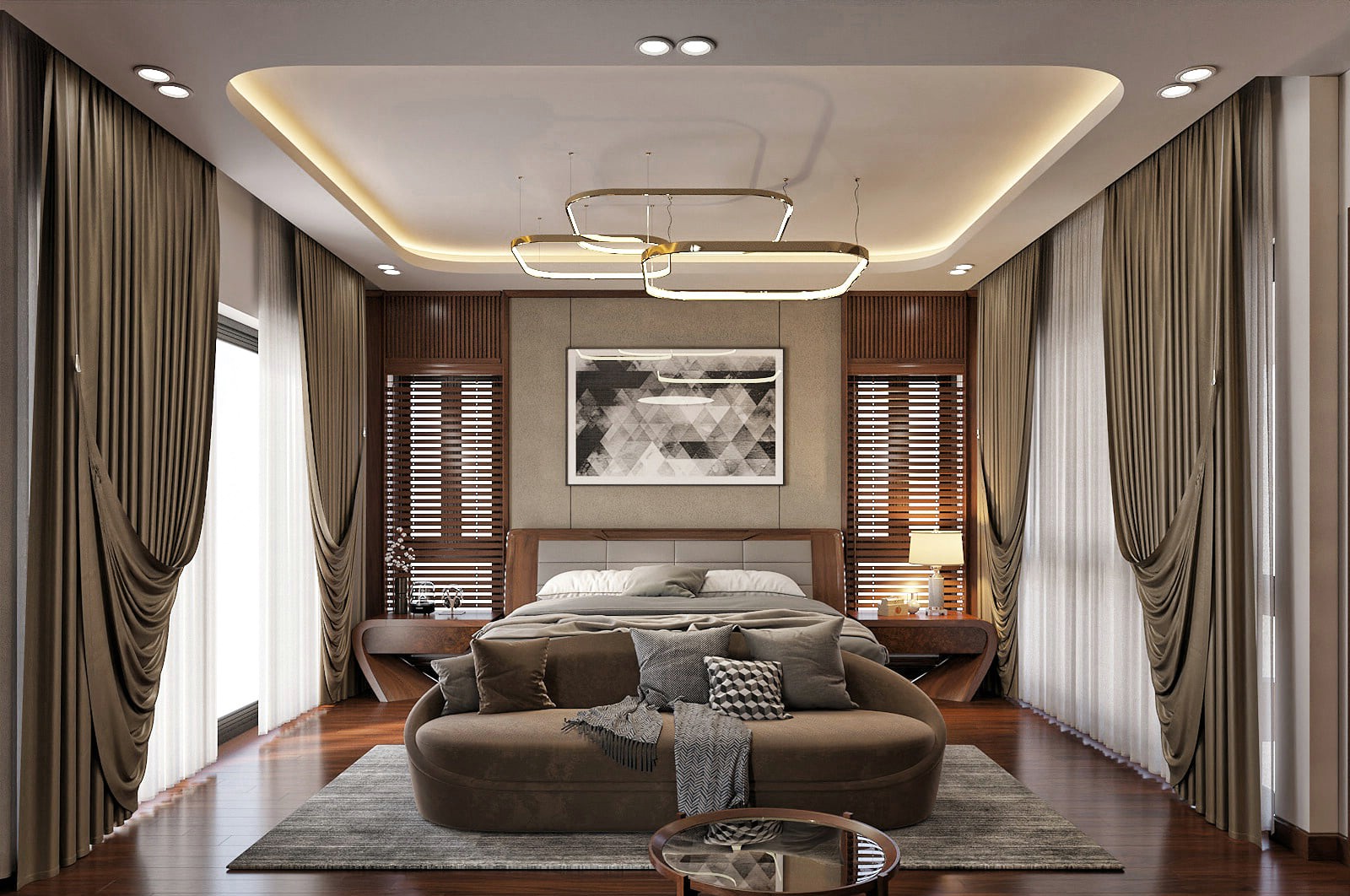 Ý tưởng thiết kế phòng ngủ tone trầm với giường gỗ và sofa băng dài